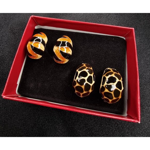 Vintage KJL Kenneth Jay Lane Animal Print & Swirl Clip-On Earrings Set Of 2 Pair - Picture 1 of 6
